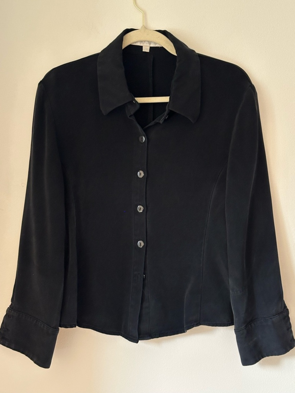 100% Silk David Findlay Black Button Down Blouse Wide Cuffs Sz 14 Petite Fits M